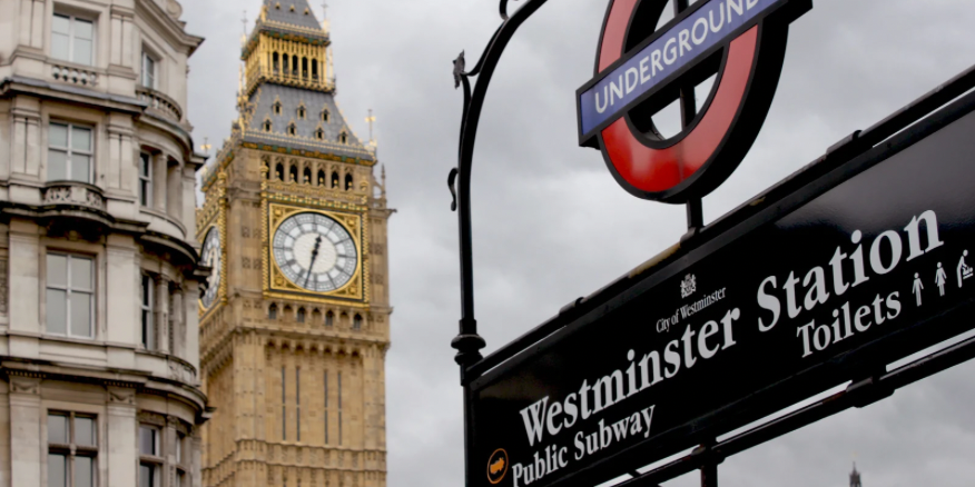 Photo of the Westminster Underground Station in London, with the Big Ben in the background